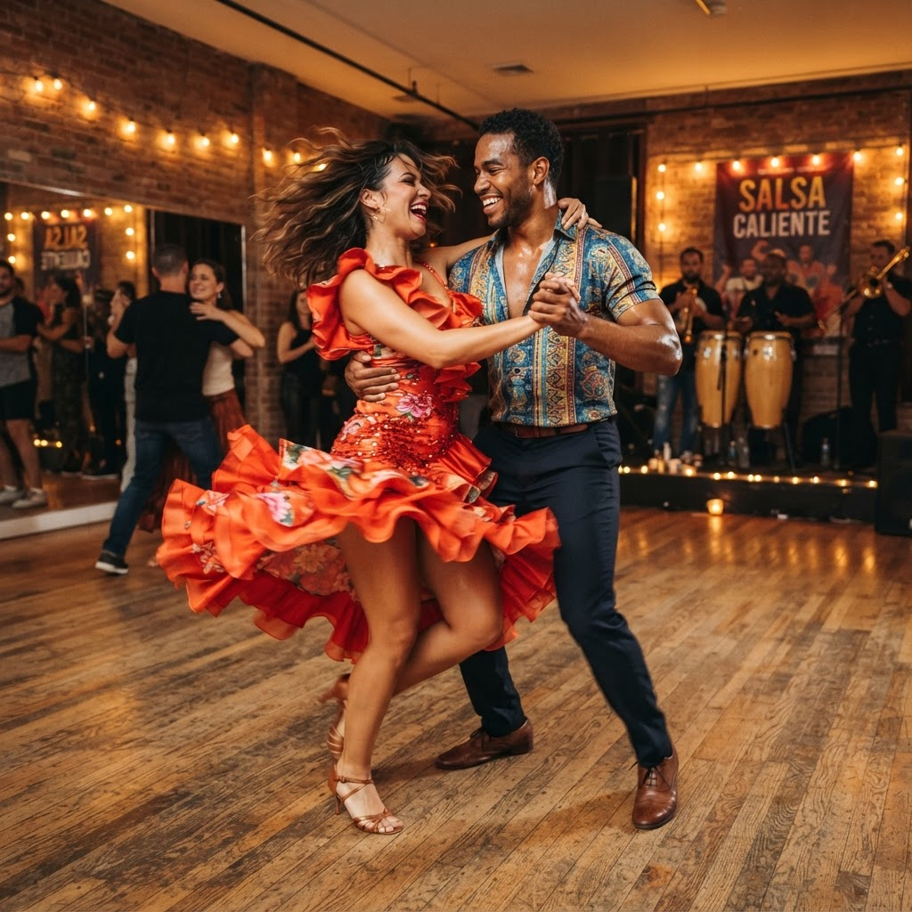 Two dancers in a joyful salsa pose